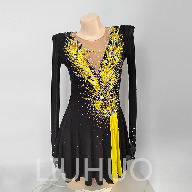 LIUHUO Ice Skating Dress for Competition Girls Crystals Black-Yellow