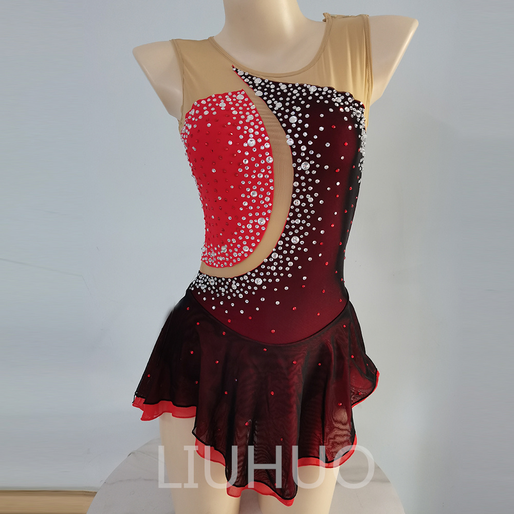 LIUHUO Ice Skating Dress for Competition Gradient Girls Crystals Black-Red